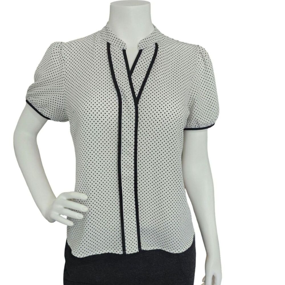 Monteau White Black Polka Dot Puff Sleeve Blouse Contrast Piping V-Neck